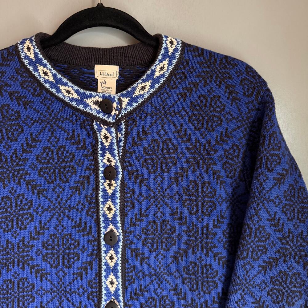 Vintage L.L. BEAN Women's Med Cotton Knit Fair Isle Blue Button Up Sweater Retro - Picture 9 of 11